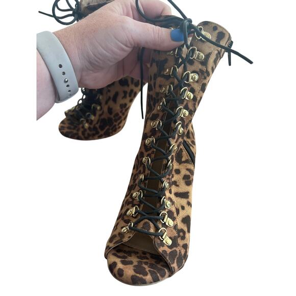 Women's Cheetah Print Lace Up Open Toe Clear 4 Inch Heel Going Out Size 6.5 - Picture 4 of 10